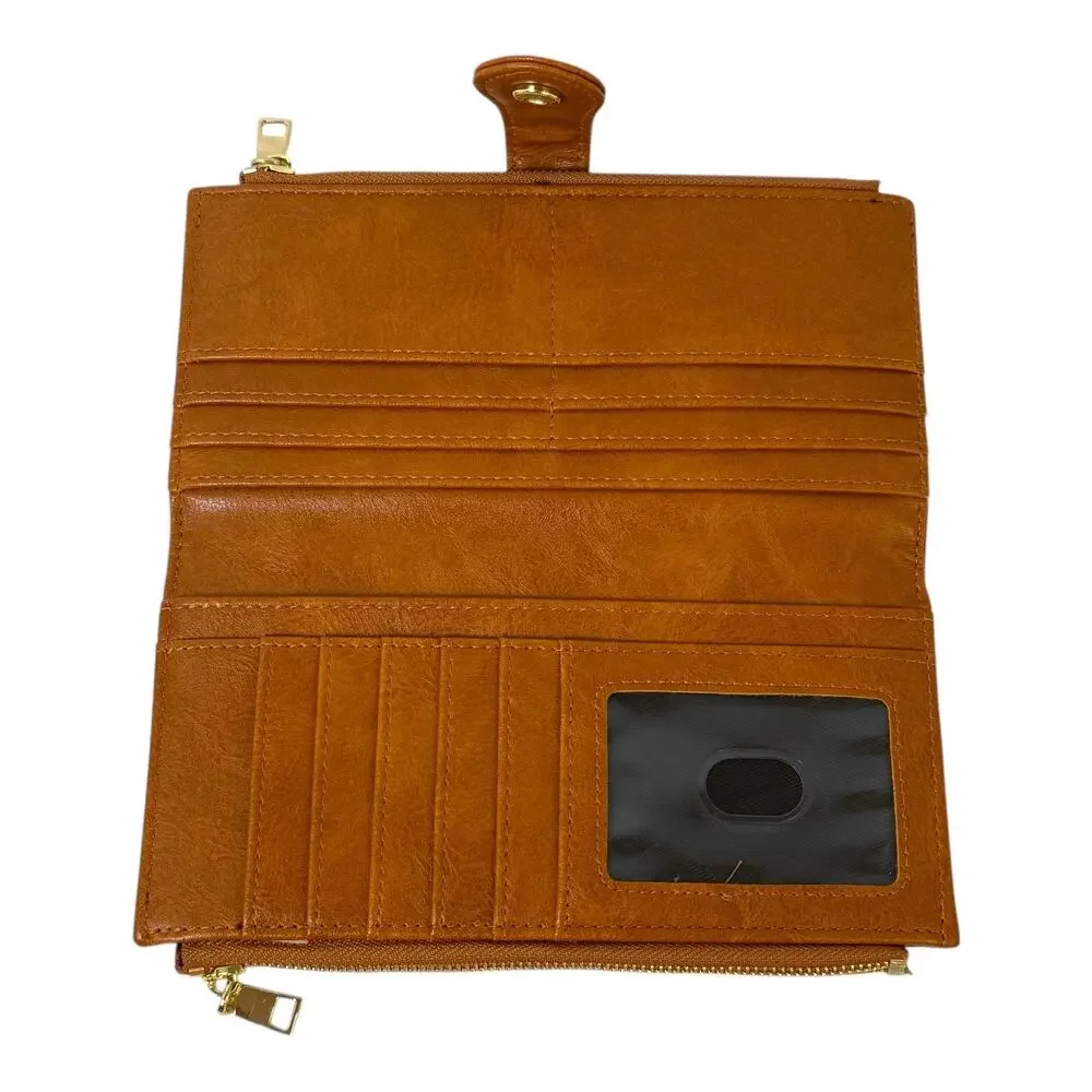 Faux Leather Brown RFID Wallet Double Zip 24 Card Slots Sunpour NEW
